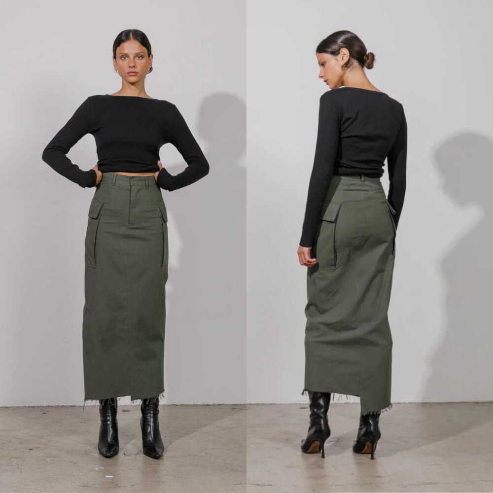 NWT LE Local European Cargo Maxi Skirt Raw Hem Side Slit Utility Pockets Olive